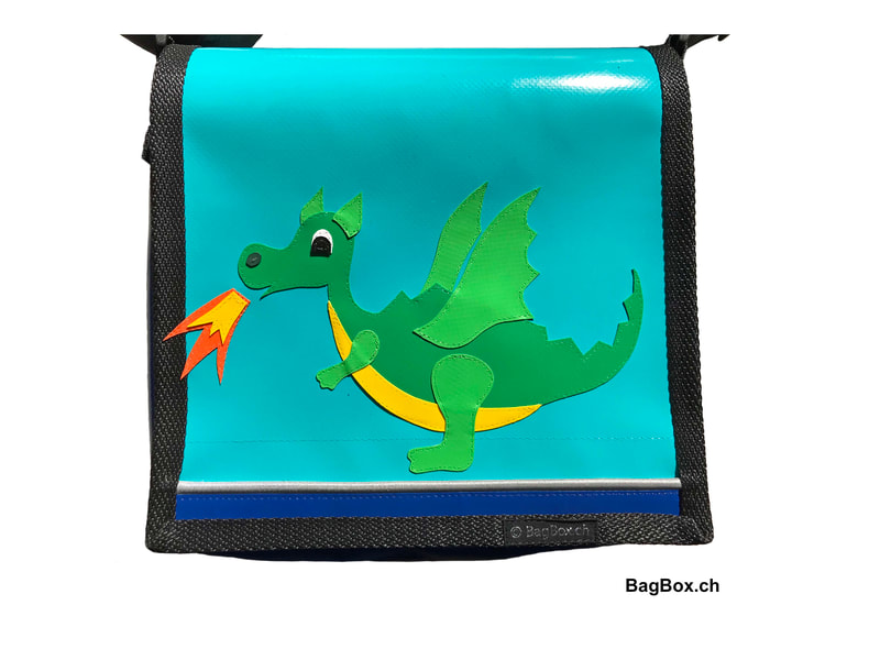Pflegeleichte Kindergartentasche mit Drache. Handarbeit aus Zürich.
