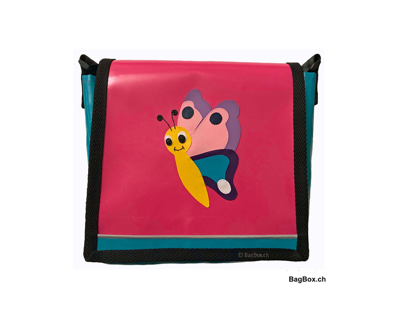 Kindergartentasche mit herzigem Schmetterling als Motiv. Hand gearbeitet aus Blache.