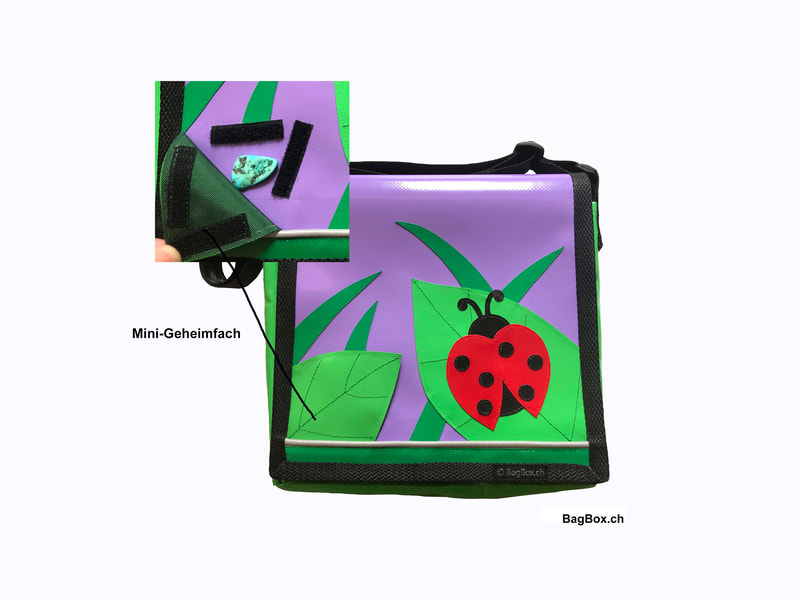 Eine langlebige Kindergartentasche für Mädchen aus neuer Blache. Die Tasche bietet ein kleines Geheimfach für z. B. einen kleinen Glücksstein. 