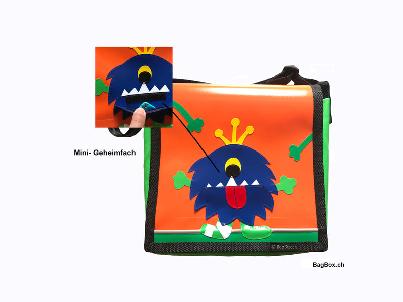 Kindergartentasche mit kleinem Geheimfach und dem Motiv Monsterli. Handarbeit von mir.