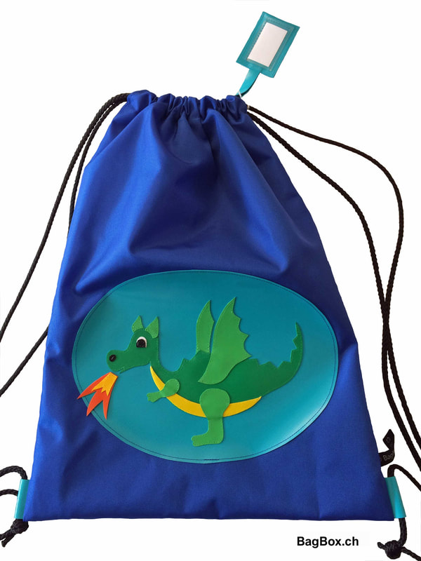 Turnbeutel mit Motiv Drache. Gefertigt aus wasserabweisendem Rucksacknylon.