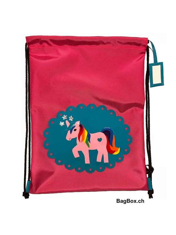 Turnbeutel aus wasserabweisendem Rucksacknylon mit Zugkordeln und Namensschild. Praktisch vom Kiga bis ca 3. Klasse oder einen Ausflug. Motiv: Einhorn