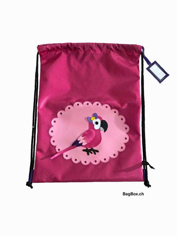 Turnbeutel aus wasserabweisendem Rucksacknylon mit Zugkordeln und Namensschild. Praktisch vom Kiga bis ca 3. Klasse oder einen Ausflug. Motiv: Papagei